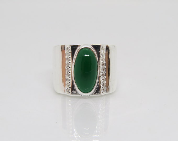 Vintage Sterling Silve Green Onyx & White Topaz Men's Ring Size 8.5