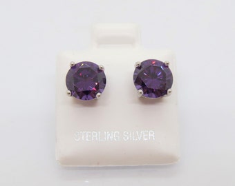 Vintage Sterling Silver Round cut Amethyst Stud Earrings 8MM
