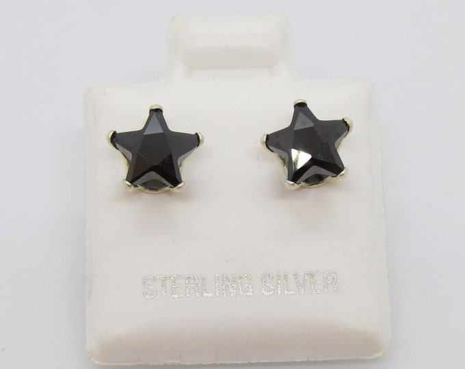 Sterling Silver Star cut Black Sapphire Stud Earrings 7MM