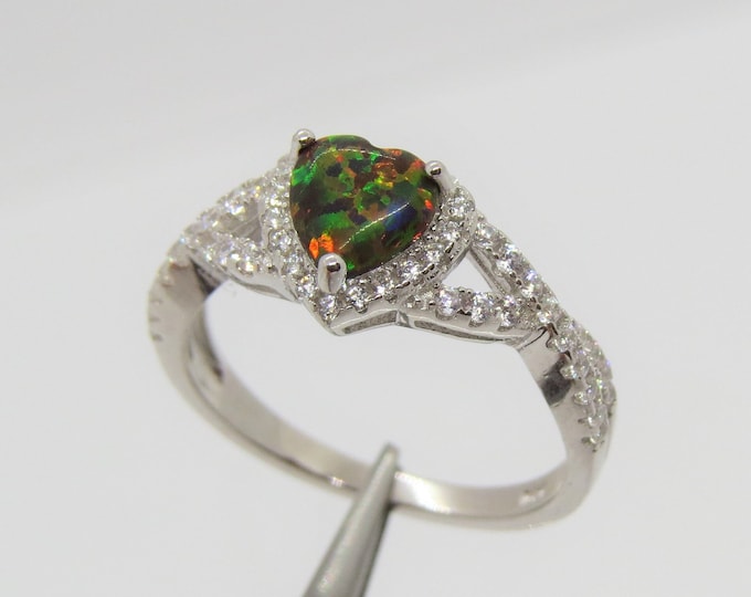 Vintage Sterling Silver Black Opal & White Topaz Engagement Ring Size 7