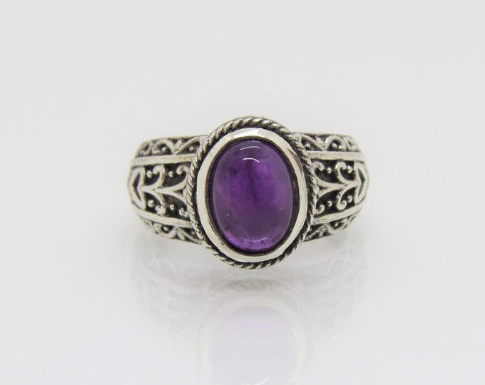 Vintage Sterling Silver Amethyst Cabochon Carved Dome Ring Size 6