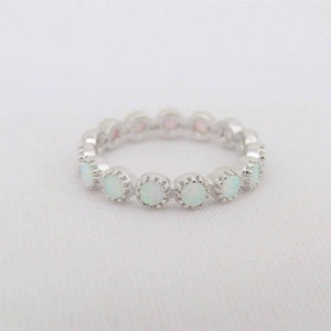 Vintage Sterling Silver Round White Opal Eternity Band Ring Size 7
