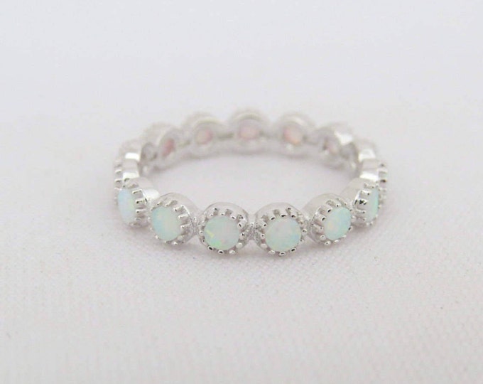 Vintage Sterling Silver Round White Opal Eternity Band Ring Size 7