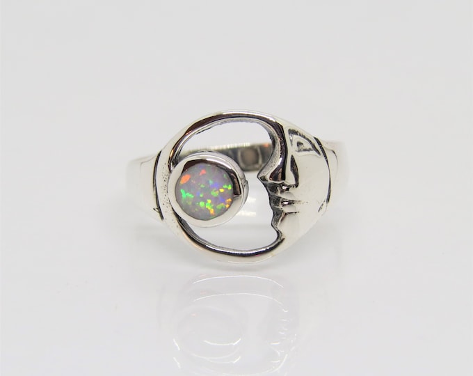 Vintage Sterling Silver White Opal Moon Ring Size 8
