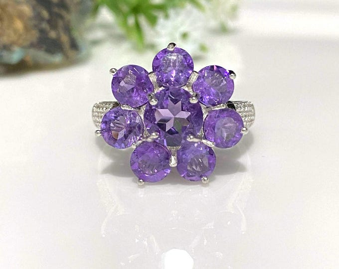 Vintage Sterling Silver Natural Amethyst & White Topaz Flower Ring Size 8