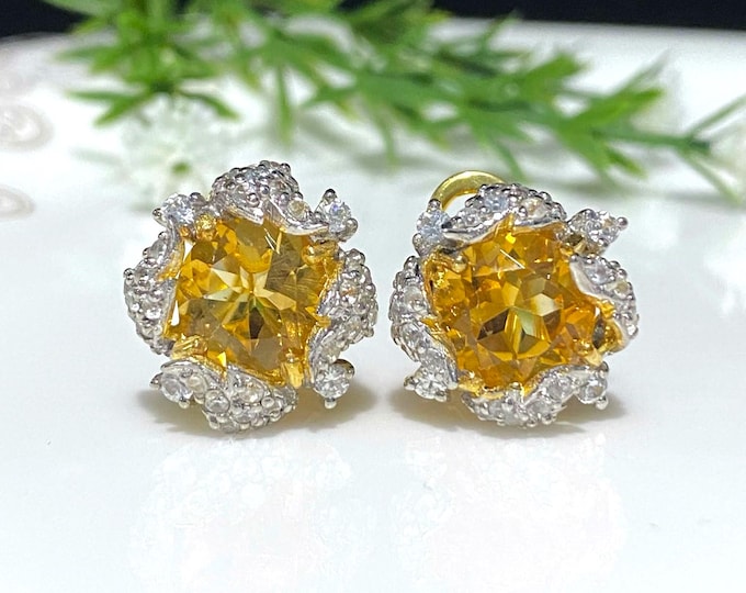 Vintage Sterling Silver 14K Gold, White Gold Plate Round cut Natural Citrine & White Topaz Earrings.