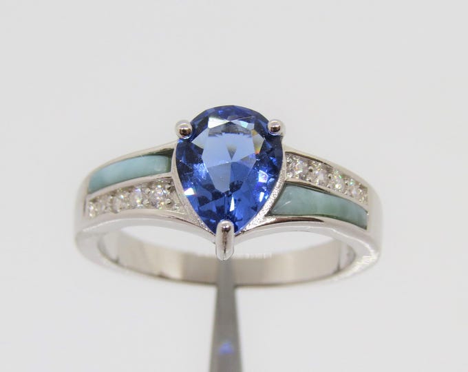 Vintage Sterling Silver Natural Larimar & Tanzanite, White Topaz Ring Size 8