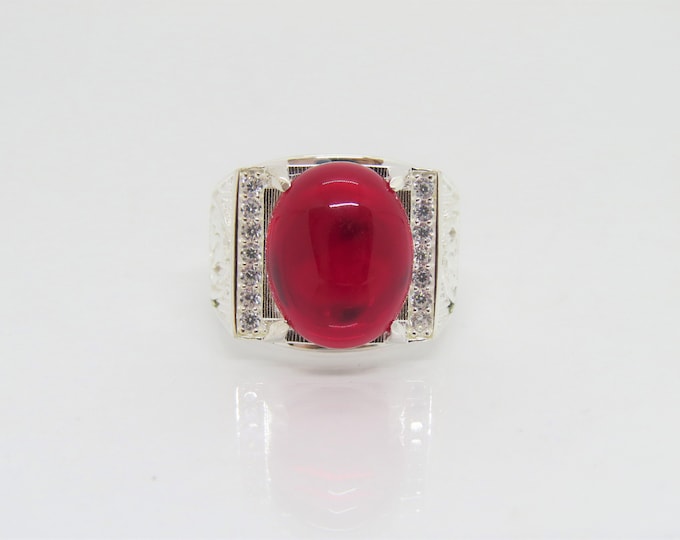 Vintage Sterling Silve Ruby & White Topaz Men's Ring Size 9.5