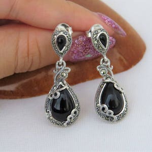 Vintage Sterling Silver Pear Cut Black Onyx & Marcasite Drop - Etsy