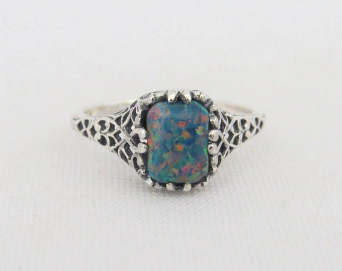 Vintage Sterling Silver Black Opal Filigree Ring Size 9