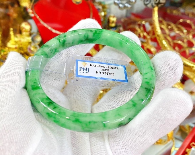 Vintage Translucent Natural Green, White & Black Jadeite Jade Bangle Bracelet 63.4MM