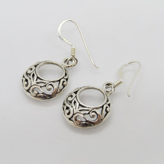 Vintage Sterling Silver Circle Filigree Dangle Ea… - image 1