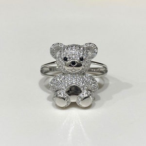 Sterling Silver Black Sapphire & White Topaz Bear Teddy Bear Ring Size 7.5.