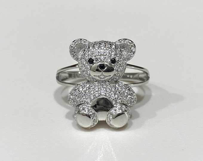 Sterling Silver Black Sapphire & White Topaz Bear Teddy Bear Ring Size 7.5.