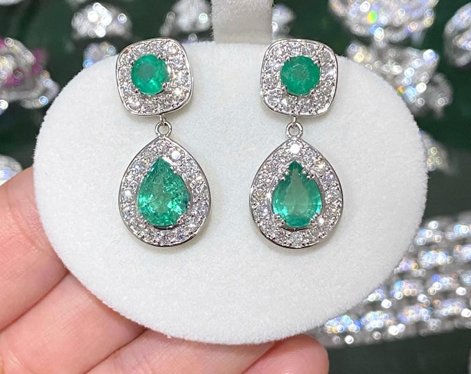 Vintage 18k White Gold 6.05cts Natural Round, Pear Shaped Emerald & Diamond Earrings