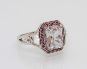 Vintage Sterling Silver White Topaz & Ruby Halo Ring Size 8