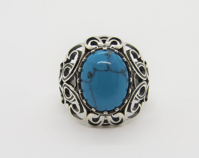 Vintage Sterling Silver Turquoise Filigree Dome Ring Size 8