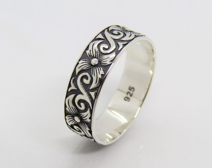 Vintage Sterling Silver Flowers Vine Band Ring Size 7.5