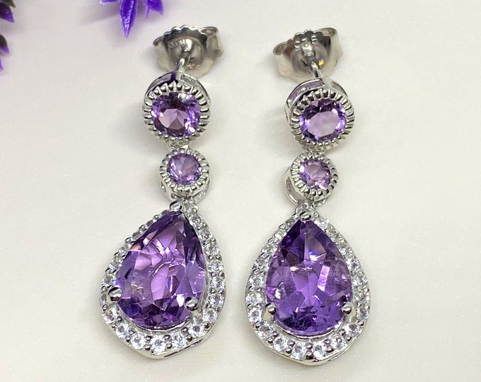 Vintage Sterling Silver Amethyst & White Topaz Dangle Drop Earrings.