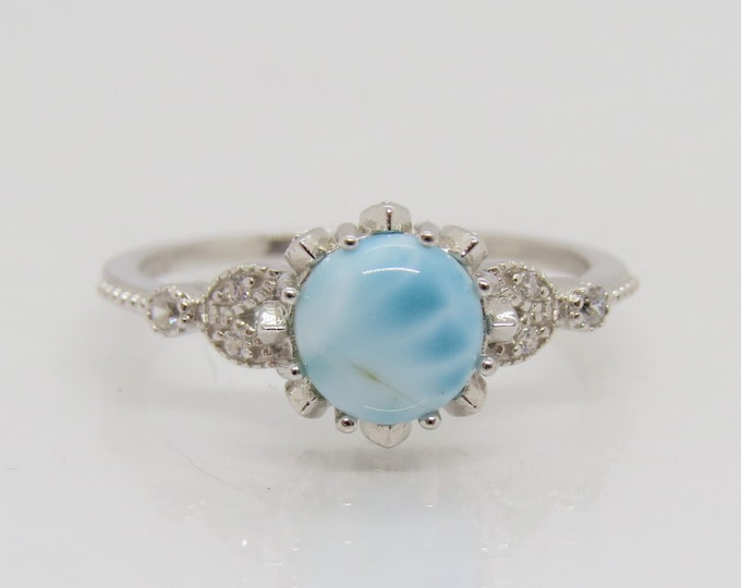Vintage Sterling Silver Natural Larimar & White Topaz Ring Size 9