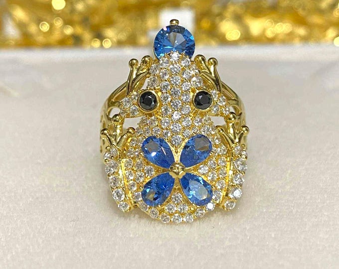 Vintage 15K Gold Frog Ring: Sapphire, Topaz Floral Design, Size 6.5.