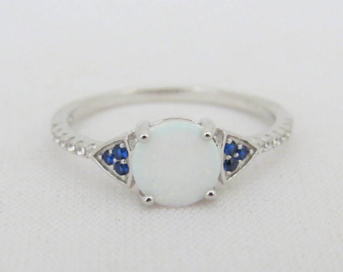 Vintage Sterling Silver White Opal, Blue Sapphire & White Topaz Ring Size 7