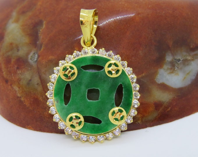 Vintage 18K Solid Gold Green Jadeite Jade White Topaz, Money Coin Luck Pendant