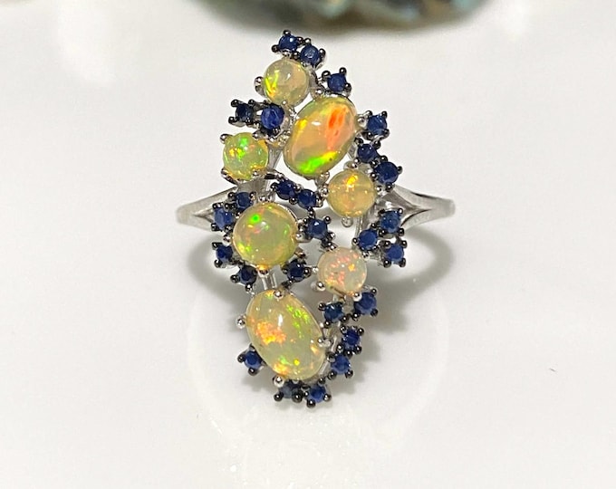 Vintage Sterling Silver Natural Fire Opal & Blue Sapphire Ring Size 7.25