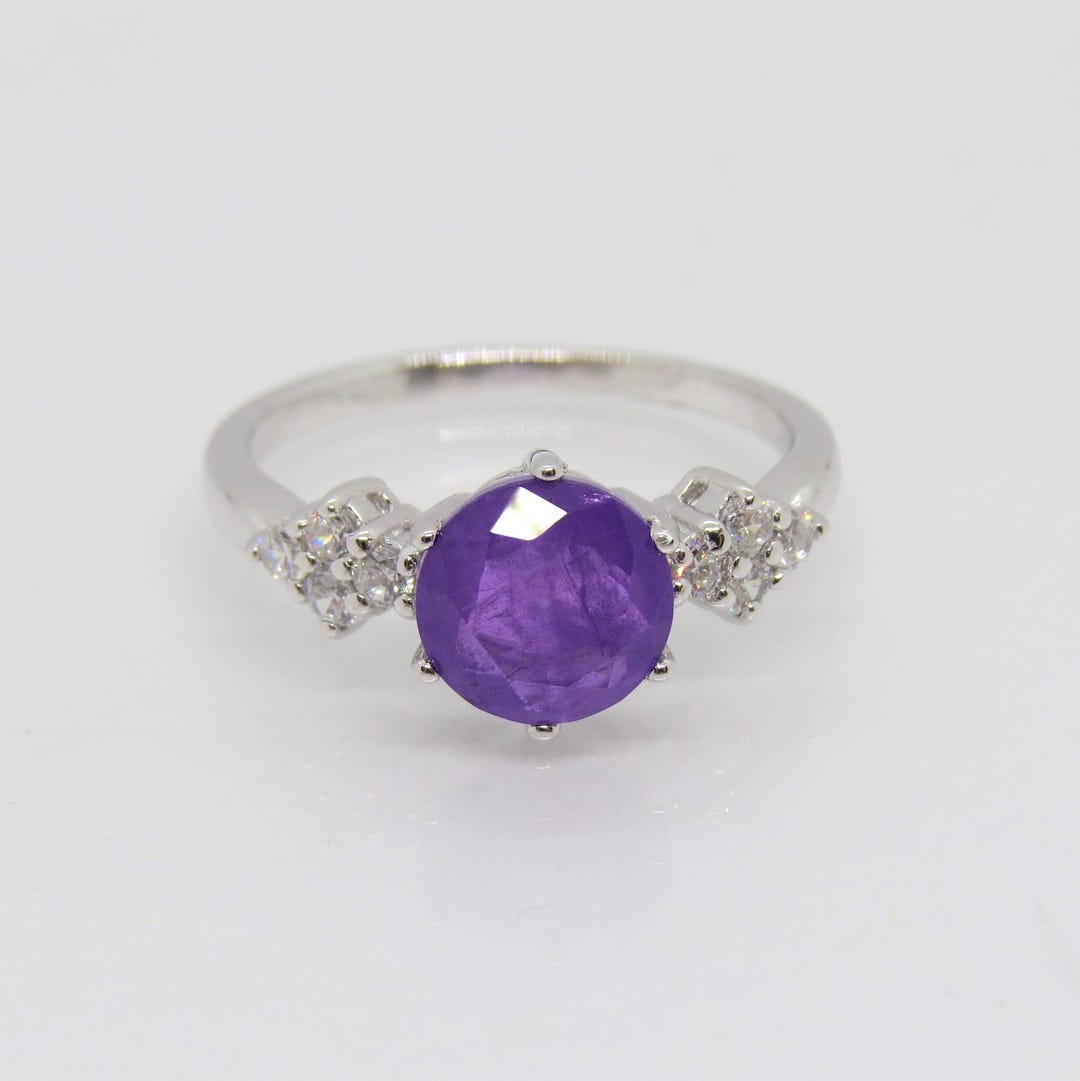 Sterling Silver Dome Ring With African Amethyst & White Topaz – Genuine Gemstone Cluster Ring For Women