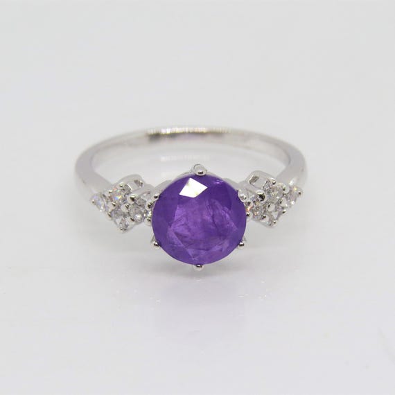Sterling Silver Dome Ring With African Amethyst & White Topaz – Genuine Gemstone Cluster Ring For Women
