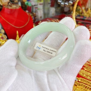 Translucent Natural Green, White Jadeite Jade Vintage Bangle Bracelet 56.3MM