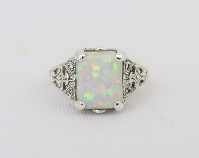 Vintage Sterling Silver White Opal Cross Filigree Ring Size 7
