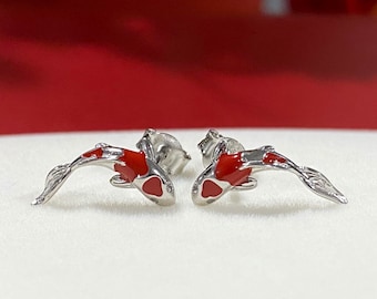 Sterling Silver Red Enamel & White Topaz Fish, Koi fish Earrings.