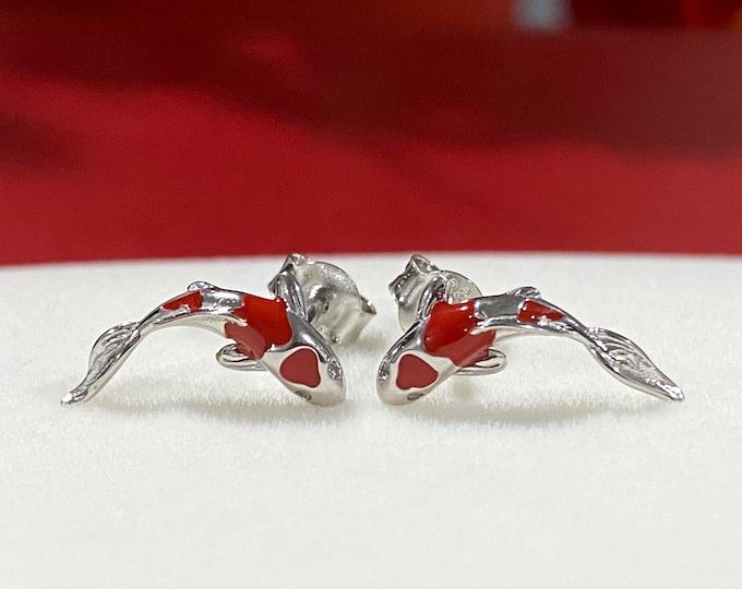 Sterling Silver Red Enamel & White Topaz Fish, Koi fish Earrings.