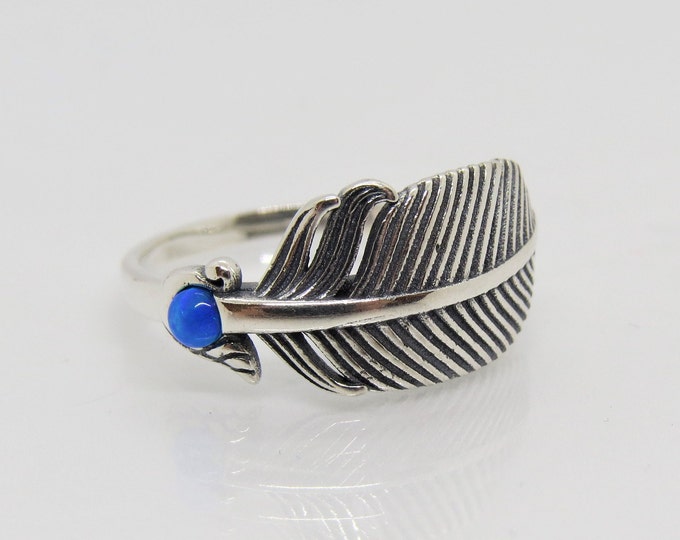 Vintage Sterling Silver Blue Opal Feather Ring Size 8