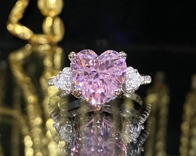 Vintage Sterling Silver Pink Sapphire & White Topaz Heart Ring.