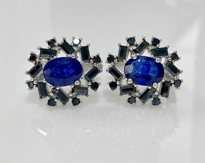 Vintage Sterling Silver Natural Blue & Black Sapphire Earrings.
