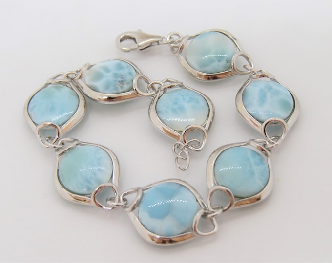 Vintage Sterling Silver Natural Larimar Link Bracelet 7 1/2''