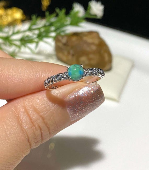 Bague Ancienne En Argent 825 Avec Pierre Turquoise - Taille 53 - Occasion Bon état