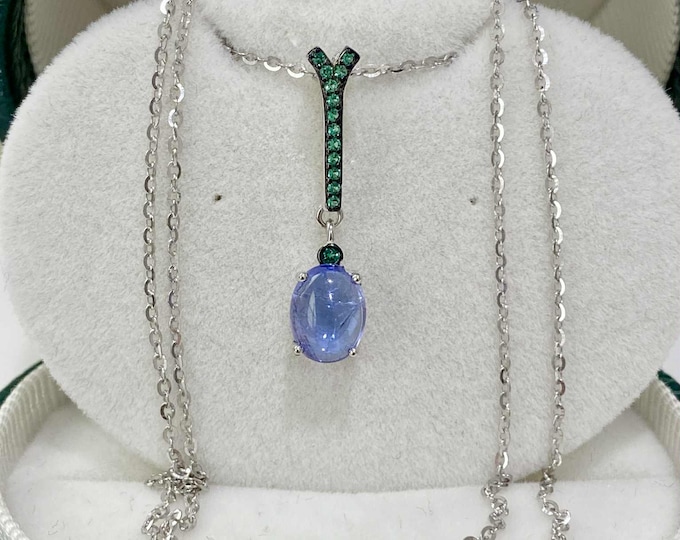 Vintage Sterling Silver Natural Oval cut Tanzanite & Tsavorite Pendant Chain 18''