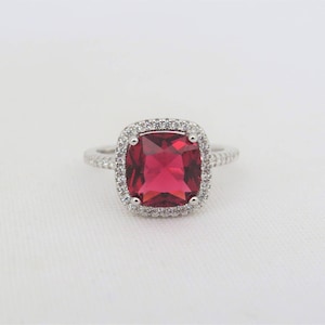 Vintage Sterling Silver Cushion cut Ruby & White Topaz Halo Ring Size 6