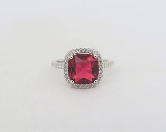 Vintage Sterling Silver Cushion cut Ruby & White Topaz Halo Ring Size 6