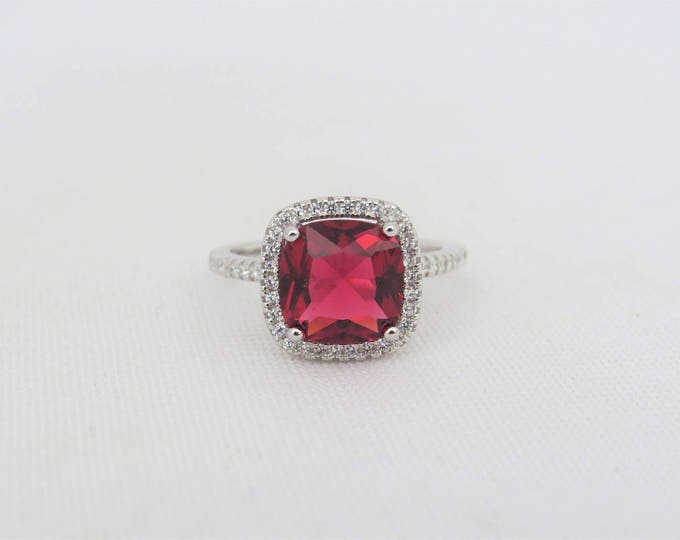 Vintage Sterling Silver Cushion cut Ruby & White Topaz Halo Ring Size 6