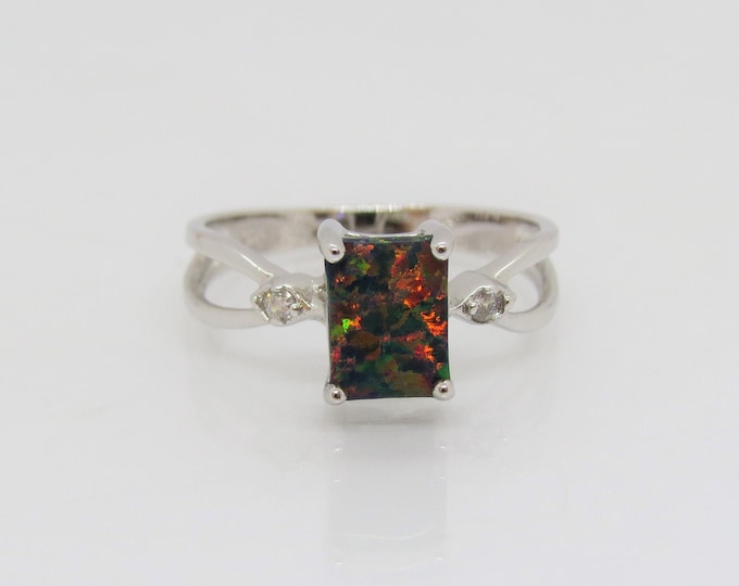 Vintage Sterling Silver Black Opal & White Topaz Ring Size 8