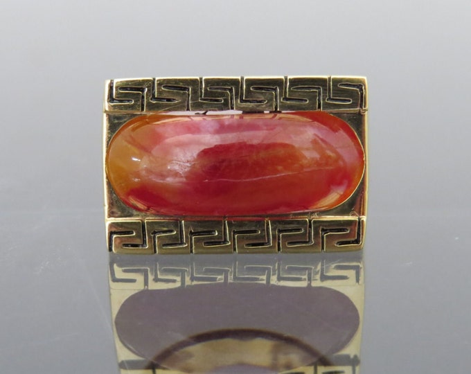 Vintage 18K Solid Yellow Gold Natural Orange Red Jadeite Jade Saddle Men's Ring Size 8