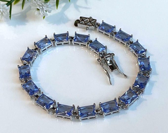 Vintage Sterling Silver Rectangular Tanzanite Link Bracelet 7''