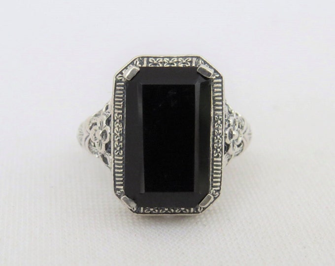 Sterling Silver Natural Black Onyx Filigree Ring Size 9