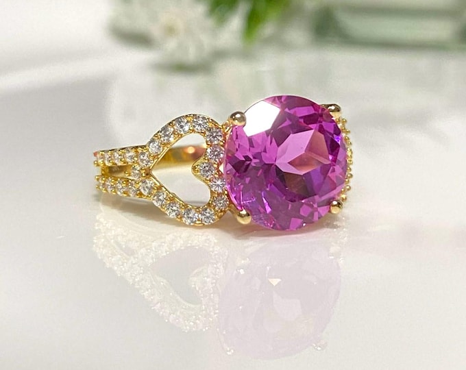 Vintage 18K Solid Yellow Gold Pink Tourmaline & White Topaz Heart Ring Size 7