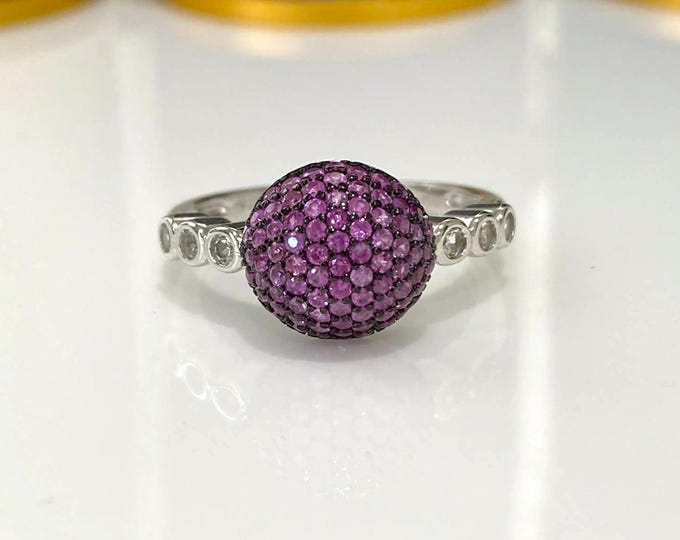 Vintage Sterling Silver Pink Sapphire & White Topaz Ball Ring Size 8