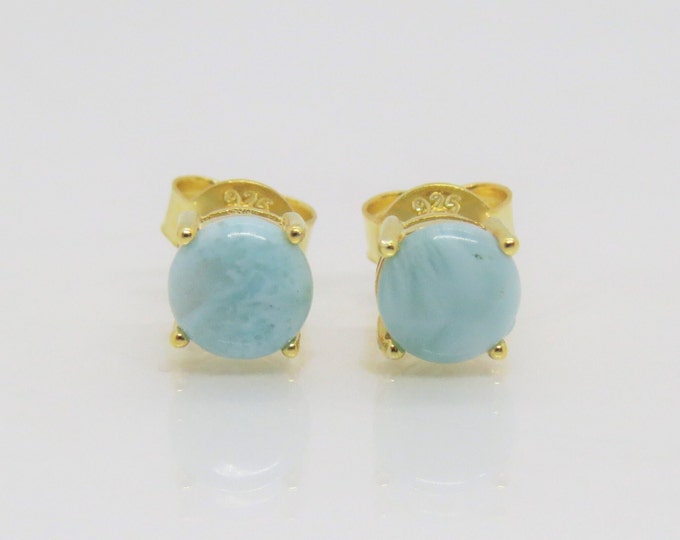 Vintage Sterling Silver 14K Gold Plate Natural Larimar Stud Earrings